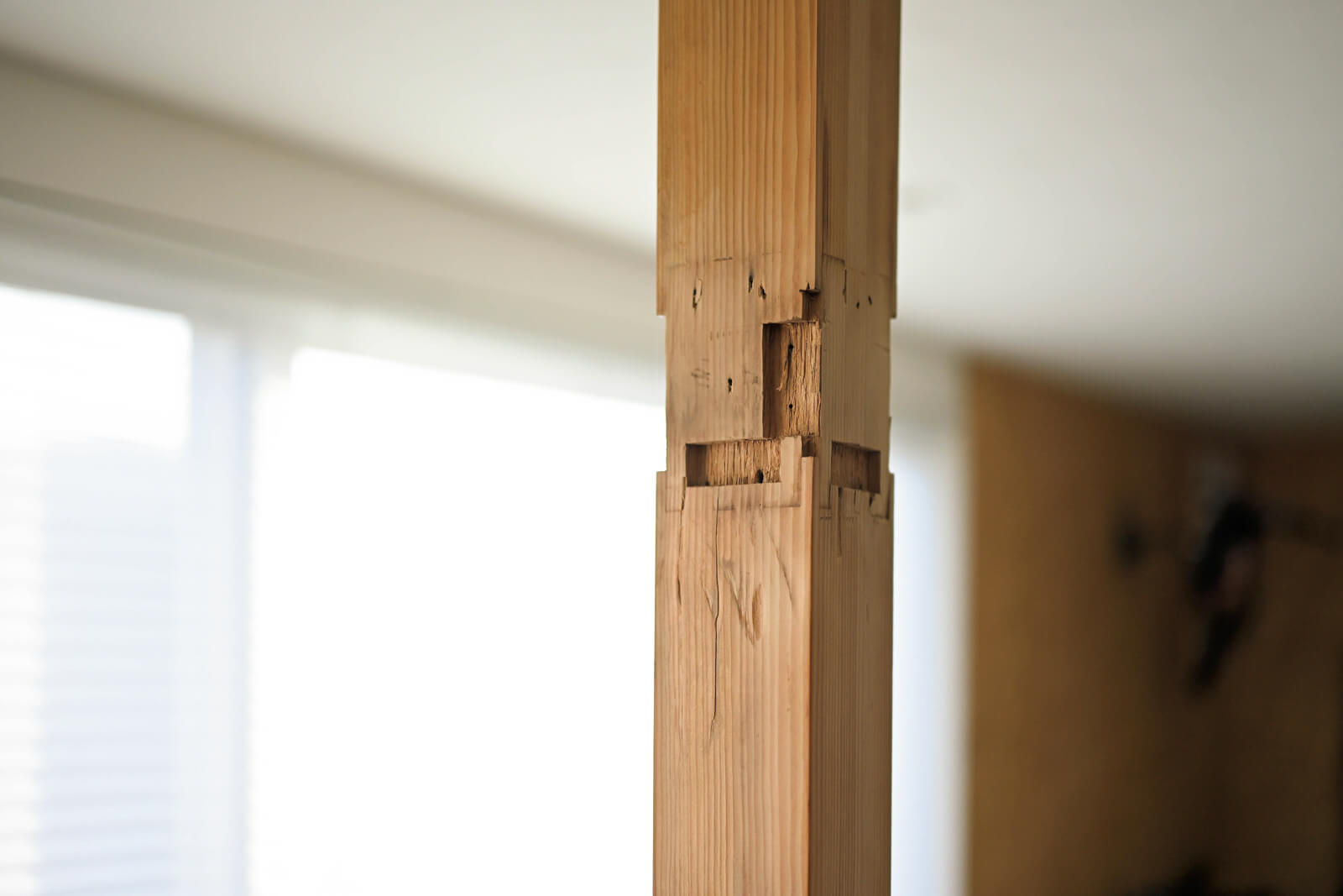 構造上必要だったため、そのまま残した和室と広縁の間の柱。ほぞの痕跡がこの家の歴史を静かに今に伝える