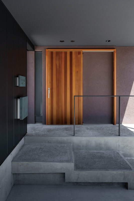 大きなエントランスキャノピーで覆われた階段と、無垢材仕上げで断熱仕様の玄関引き戸が個性を感じさせる